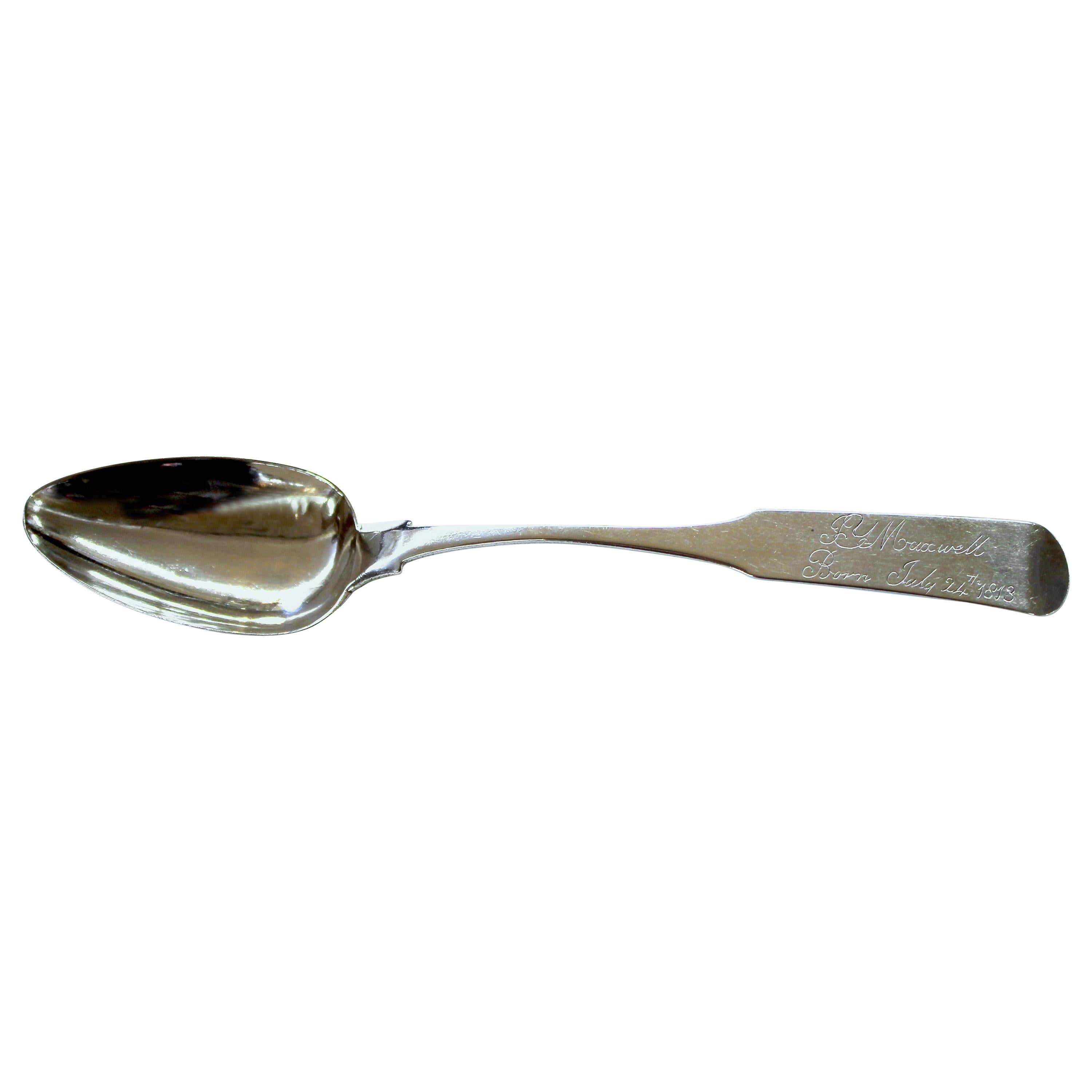 Antique American Coin Silver Presentation Birth Spoon, Fiddle Pattern For Sale