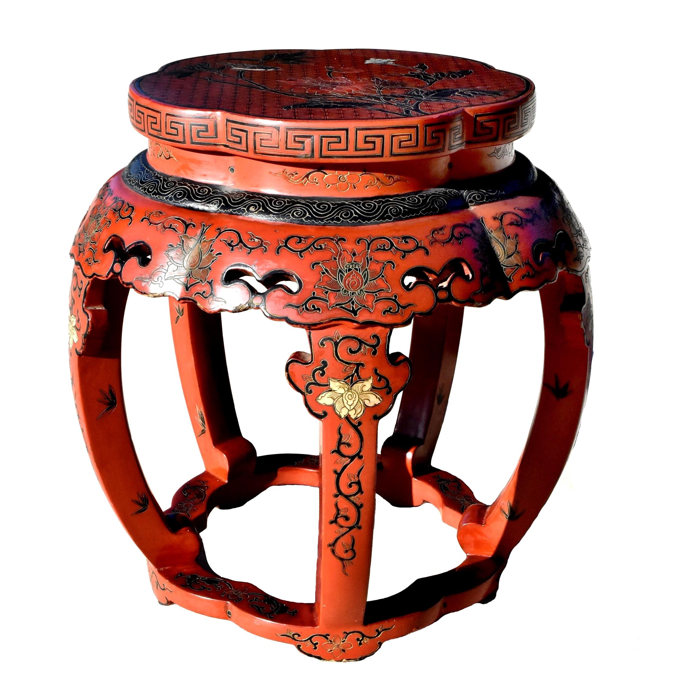 Chinese Antique Red Lacquered Stool