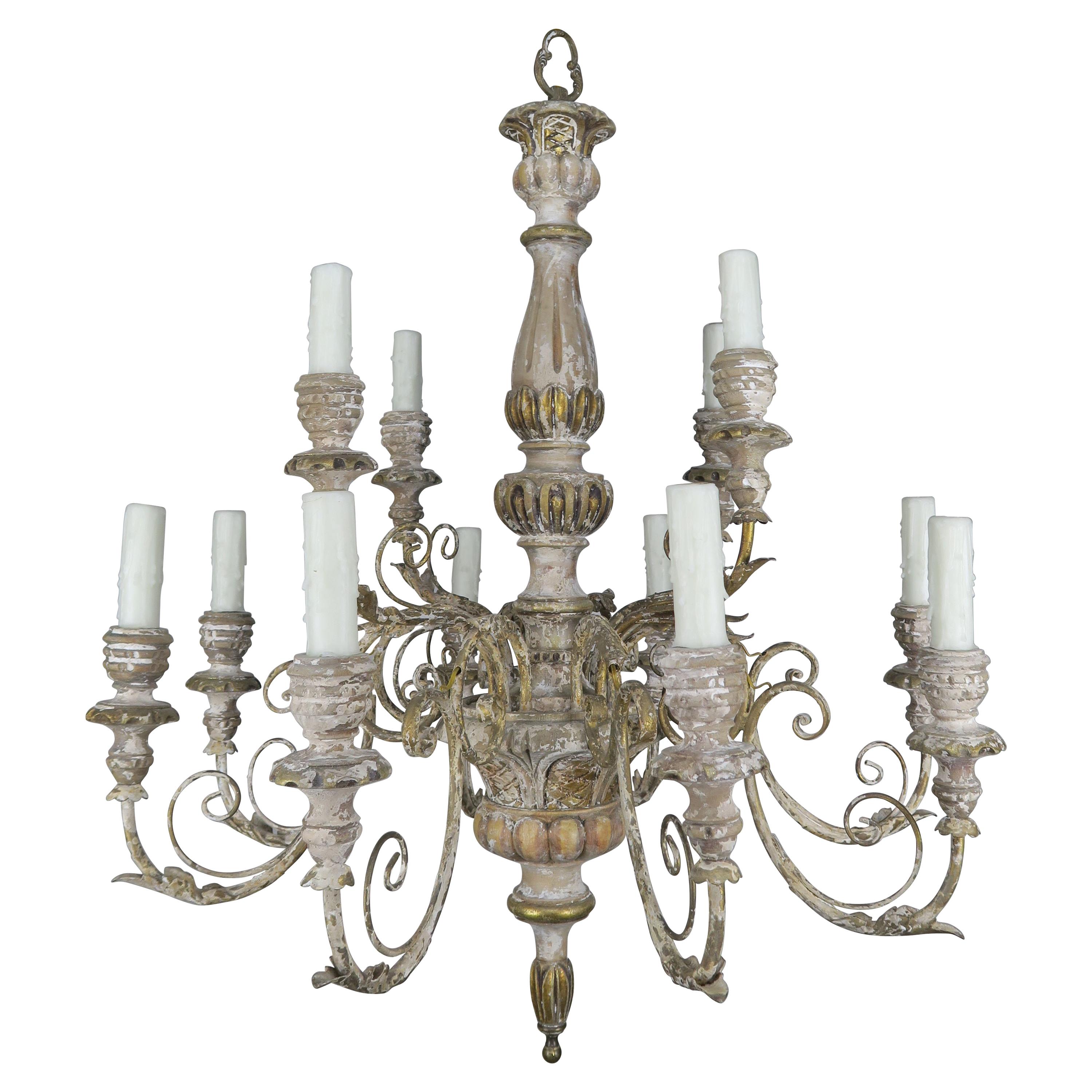 ‘12’ Light French Painted Carved Wood Chandelier