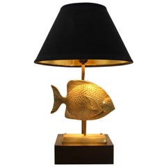 Labelled Fish Sculpture Table Lamp in Brass by Deknudt, Belgium, 1970s