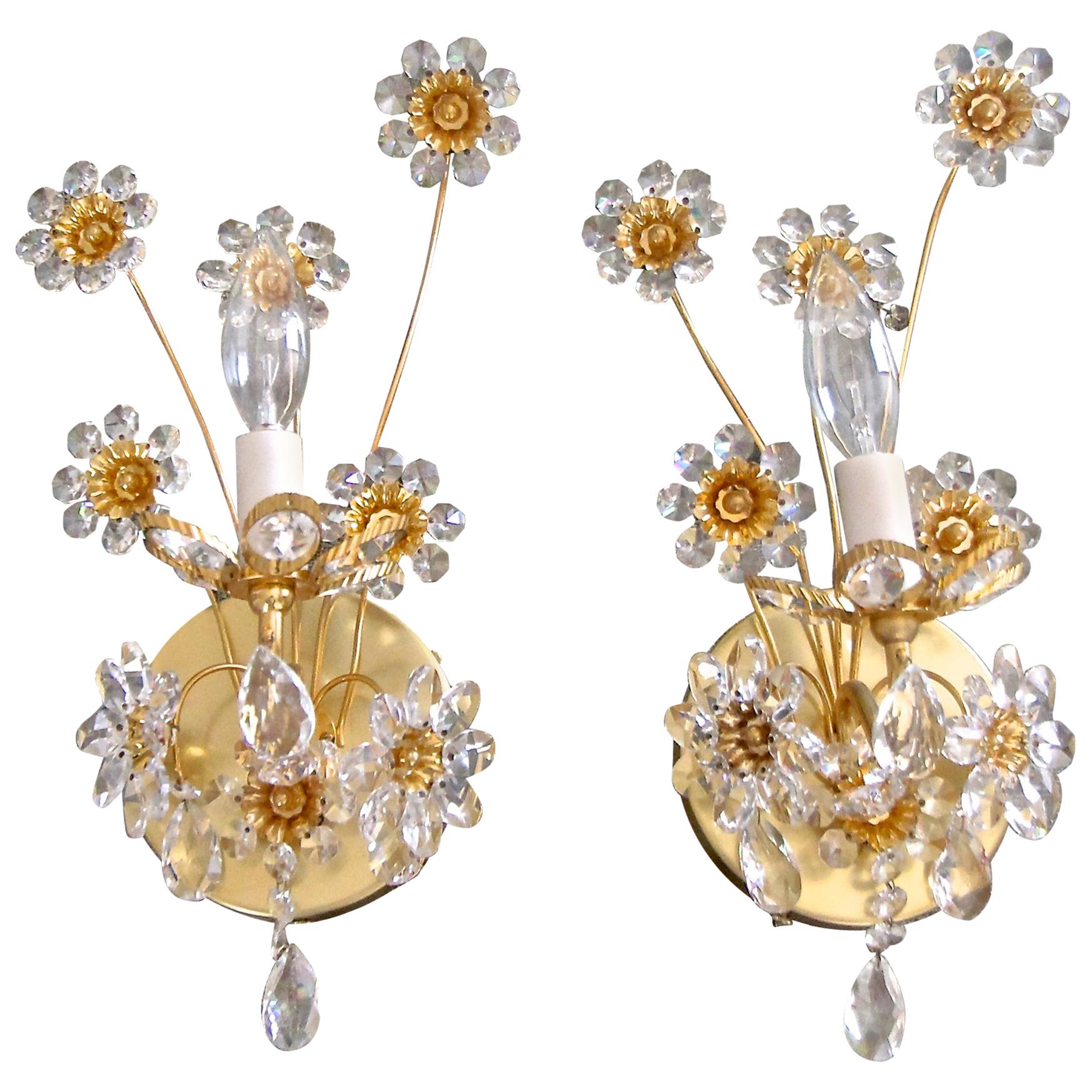 Pair of Palwa Crystal and Gilt Brass Floral Flower Wall Sconces