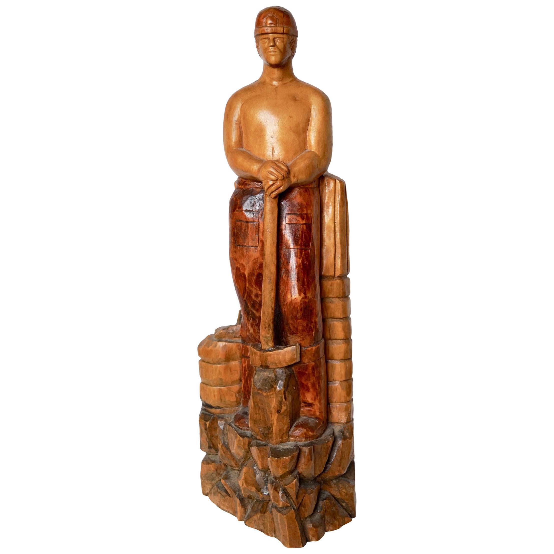 Strong and Robust Wooden Art Deco Statue of Quarry Worker, Germany, 1920s For Sale