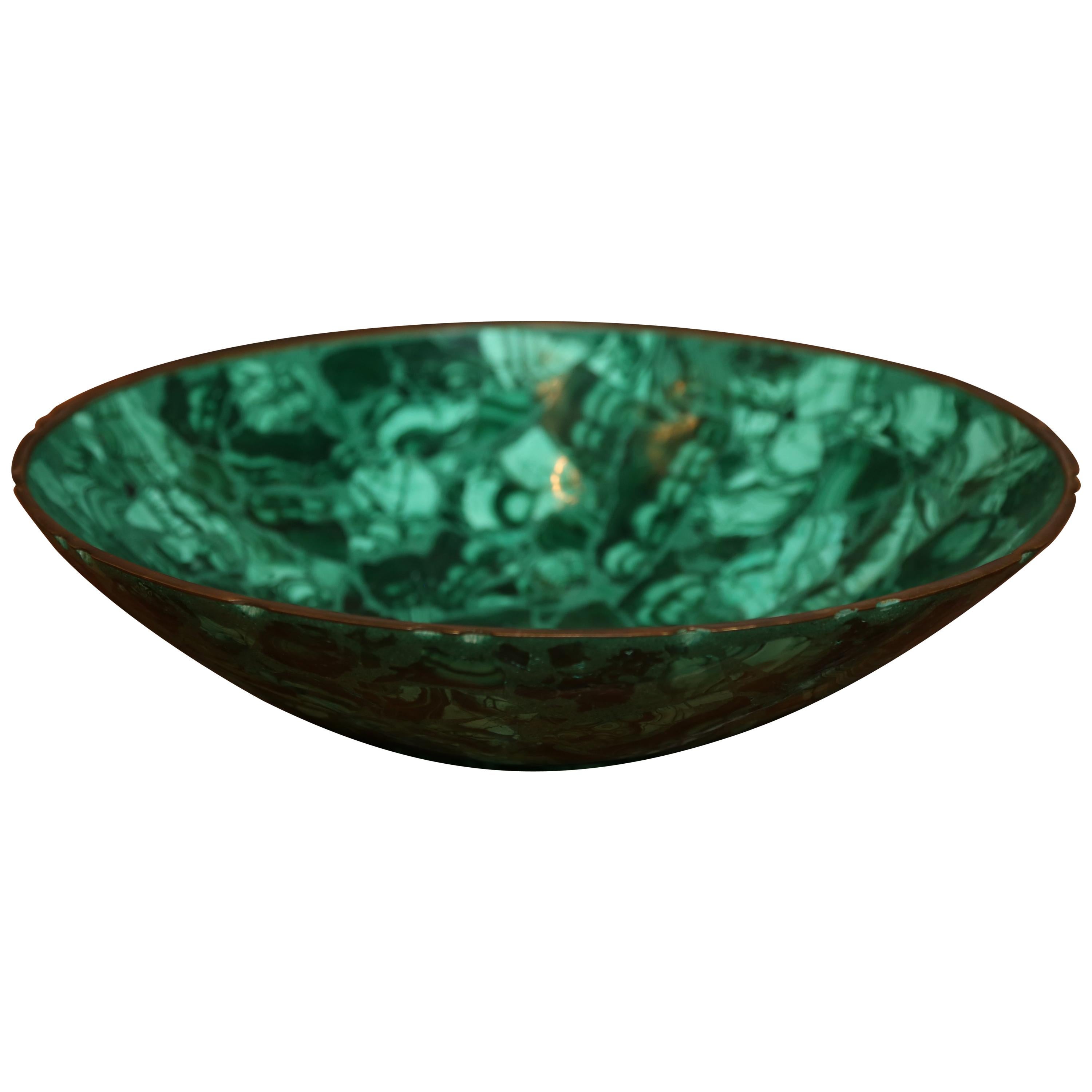 Tessellated Malachite Bowl with Bronze Trim