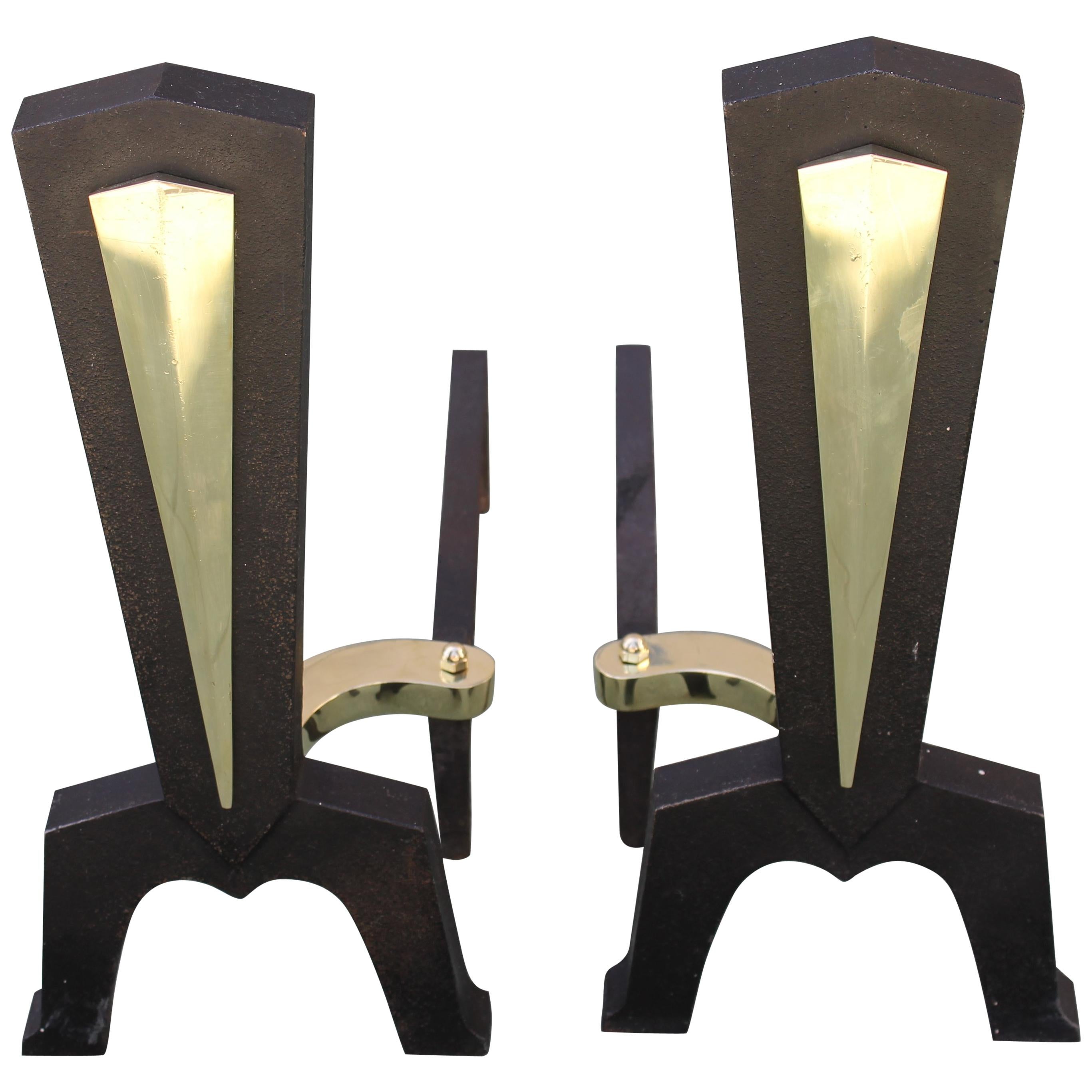 Pair of Brass Andirons Attributed to Donald Deskey For Sale