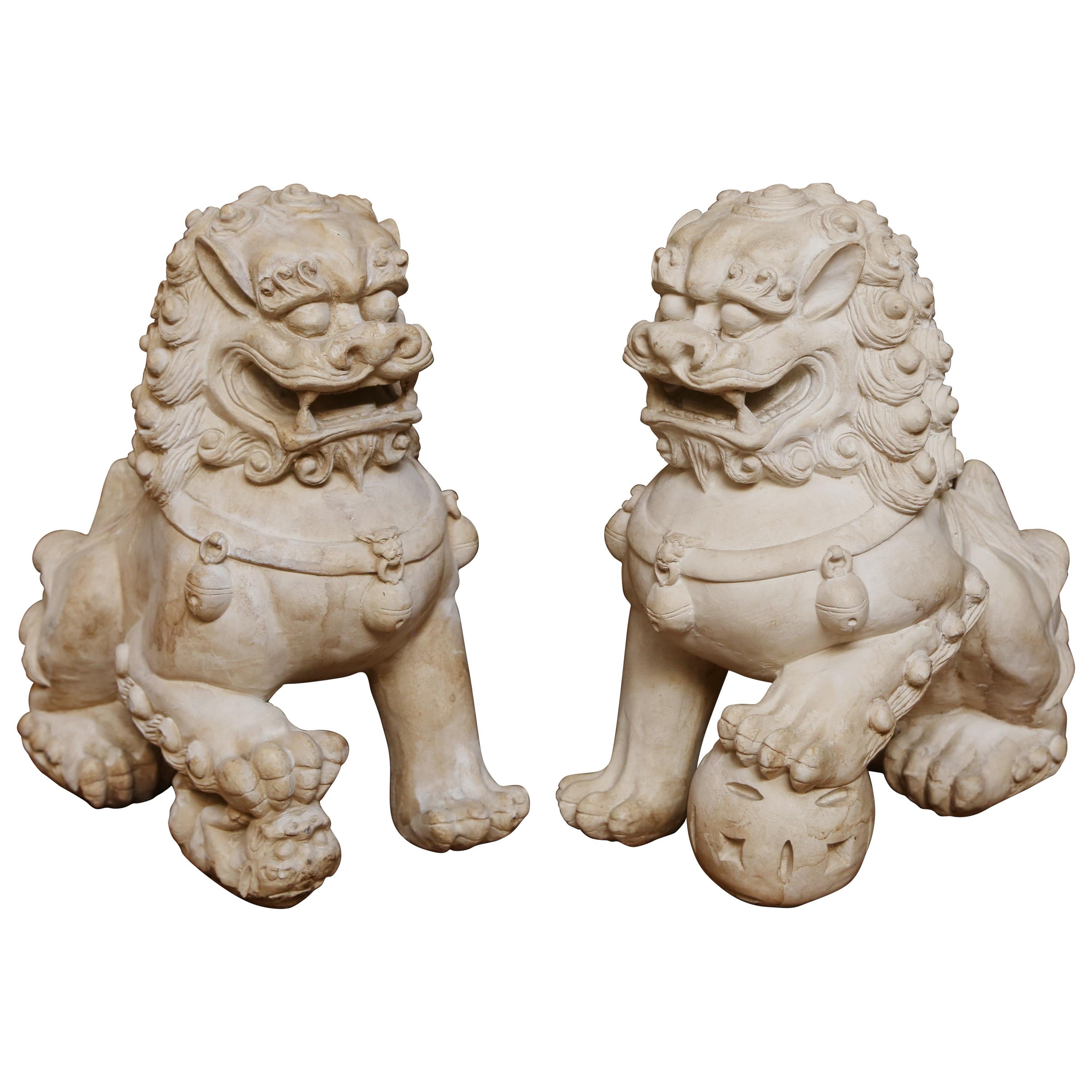 Pair of Mid Century Natural Bisque Foo Dogs