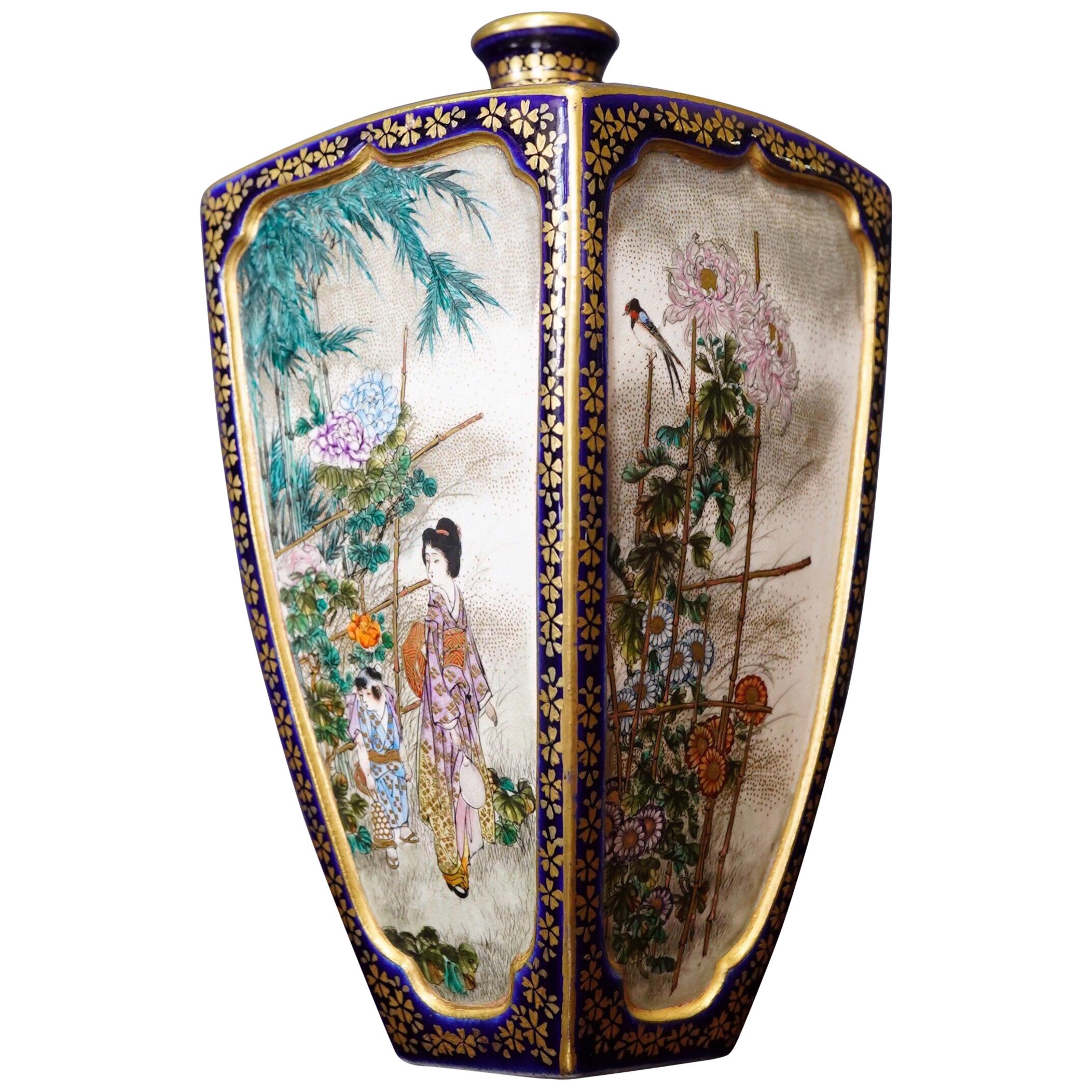 Satsuma Square Vase, Kinkozan, with Flowers and Figures, circa 1890 For Sale