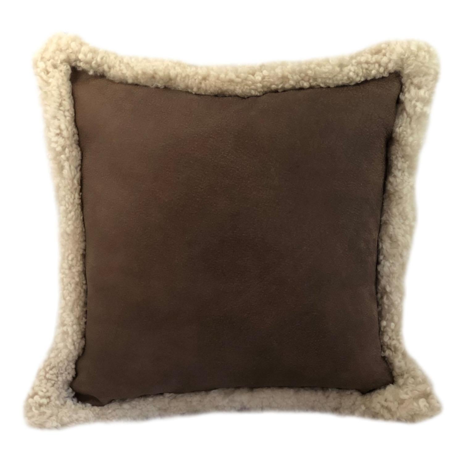 Outback Brown Leather and Shearling Sheepskin Pillow For Sale