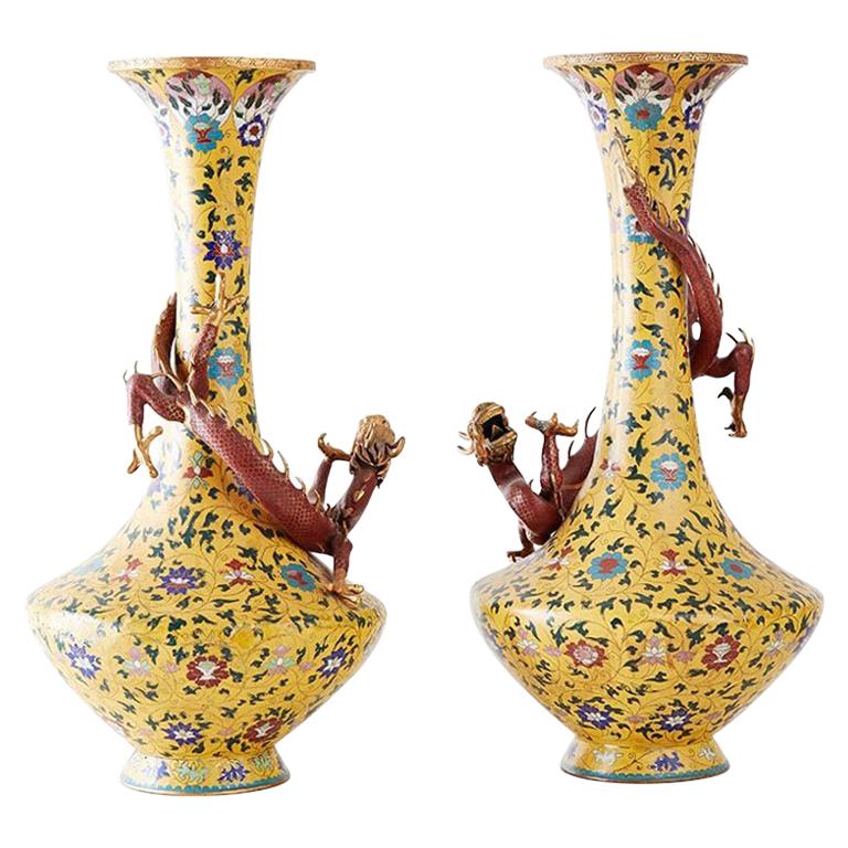 Pair of Chinese Cloisonné Dragon Mounted Yellow Vases