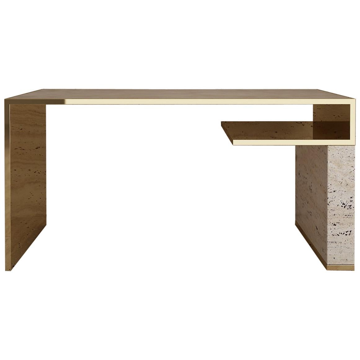 Hand Polished Brass Desk or Writing Table with Nubuck Leather Top and Travertine For Sale