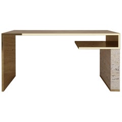 Hand Polished Brass Desk or Writing Table with Nubuck Leather Top and Travertine