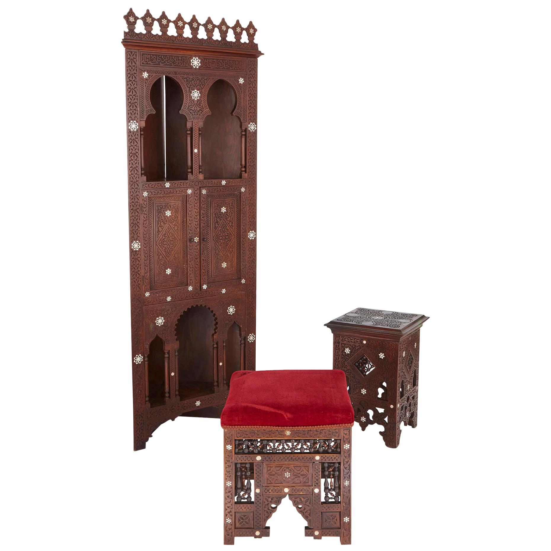 Moorish Style Mother of Pearl Inlaid Hardwood Three-Piece Furniture Set