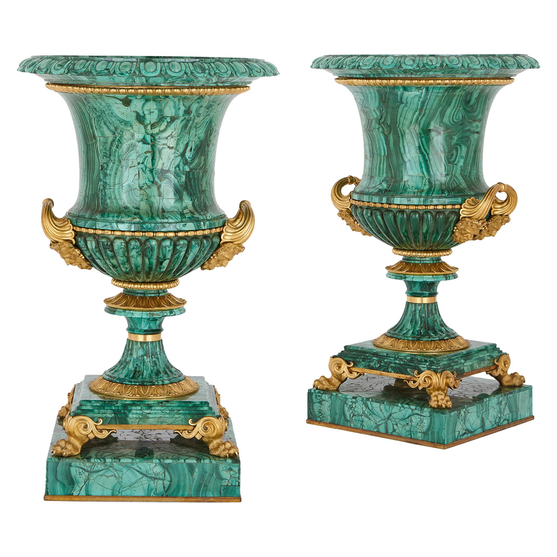 Two Russian Malachite and Gilt Bronze Urns, Designed by Galberg For Sale