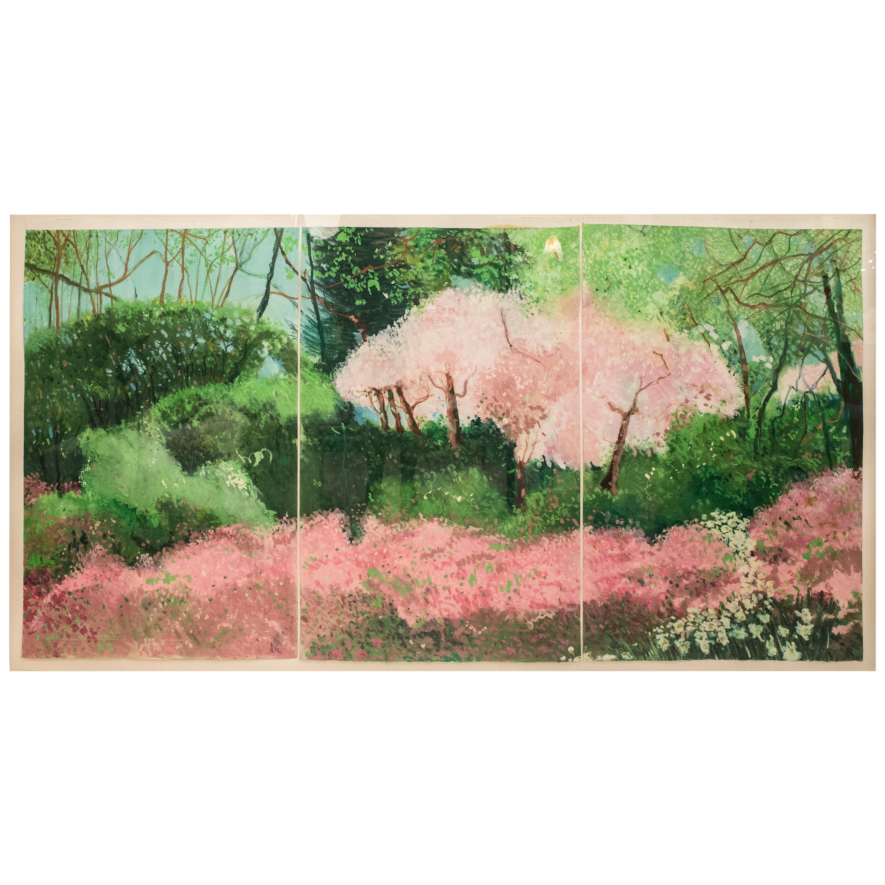 20th Century Painting Green Pink Mixed Technique on Paper 