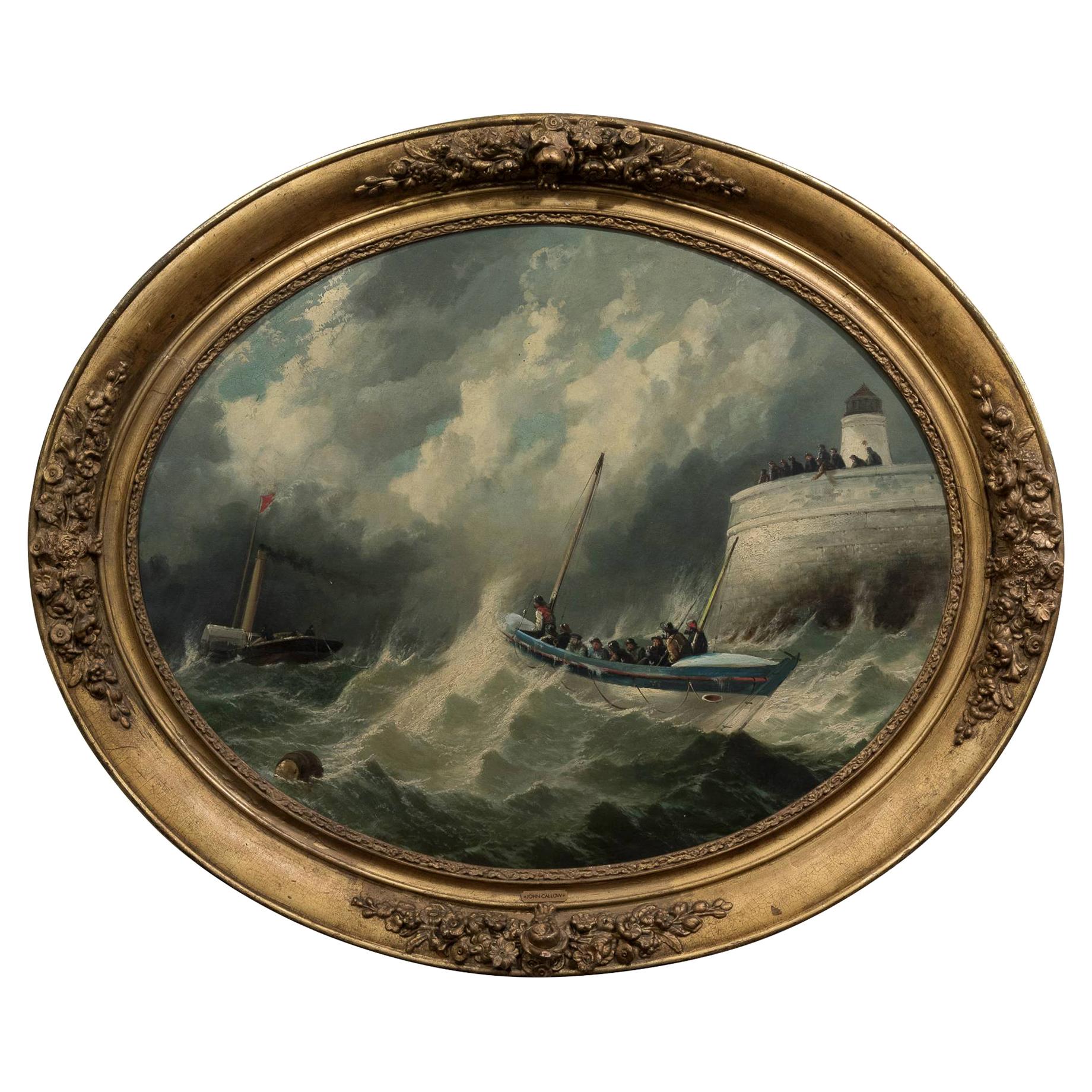 Oil of a Lifeboat in an Oval Gilt Frame by  John Callow, 1822-1878 For Sale