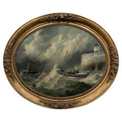 Oil of a Lifeboat in an Oval Gilt Frame by  John Callow, 1822-1878