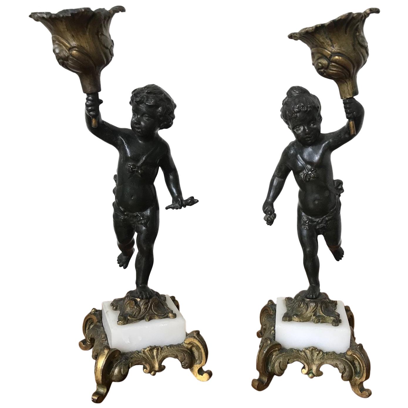 19th Century Pair of Putti Cherub Candlesticks For Sale