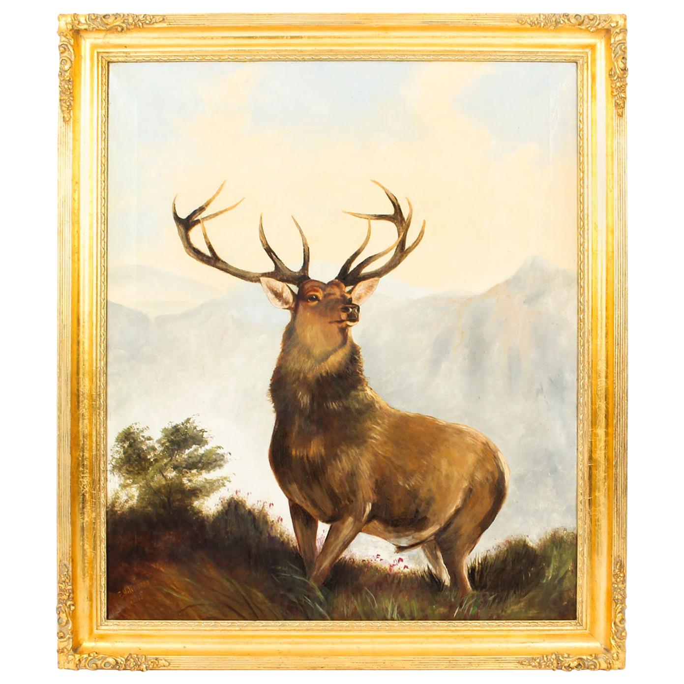 Antique Oil Painting Stag by Edward Henry Windred Signed and Dated 1915