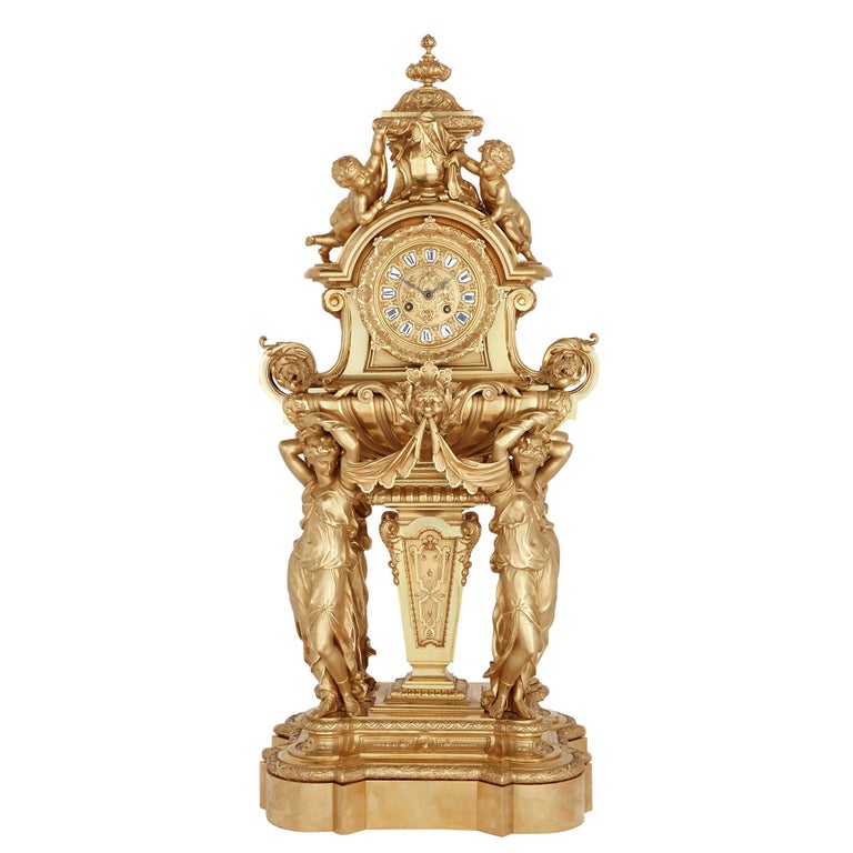 Large French Second Empire Style Gilt Bronze Mantel Clock For Sale