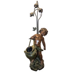 French Art-Nouveau Pewter Child Sculpture Lamp, Signed and Seal