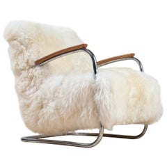 Vintage lounge chair by De Cirkel in White Sheepskin, 1930s Bauhaus inspired