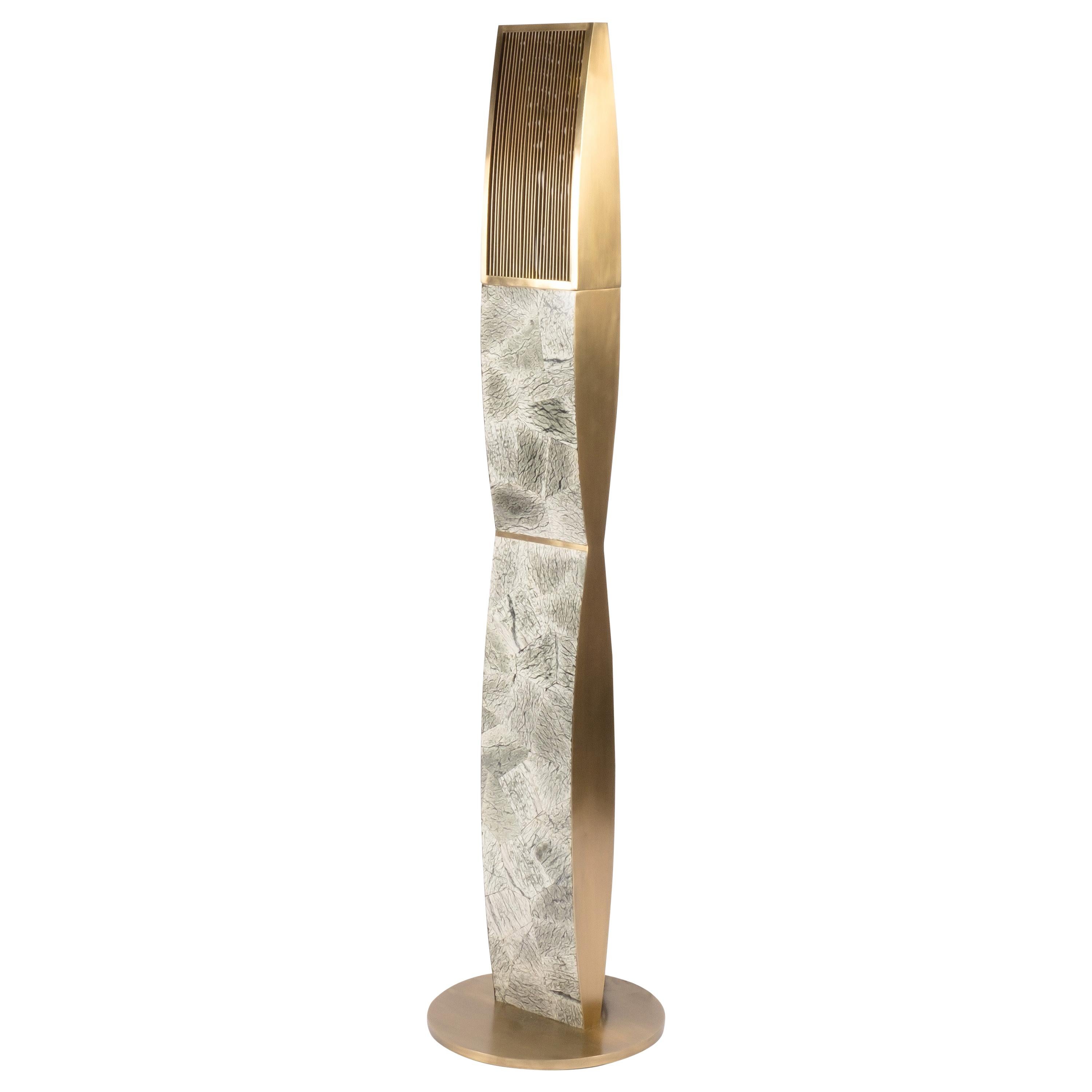 Large Baguio Stone and Bronze-Patina Brass Propeller Floor Lamp by Kifu Paris For Sale