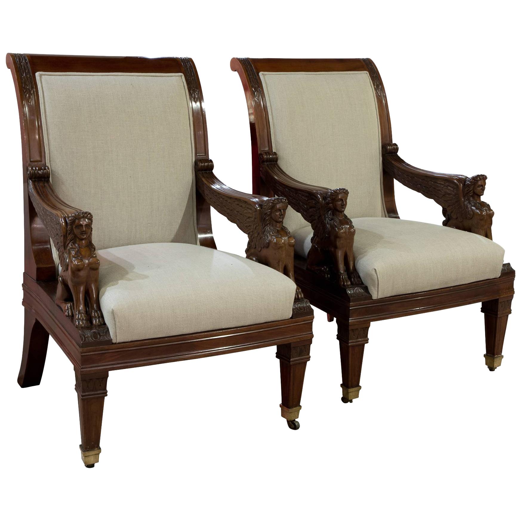 Pair of Mahogany Library Chairs with Carved Sphinx Decoration to the Arms 19thc For Sale