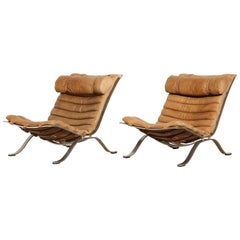 Pair of Arne Norell Tan Leather Ari Chairs, Norell Mobler, Sweden, 1970s