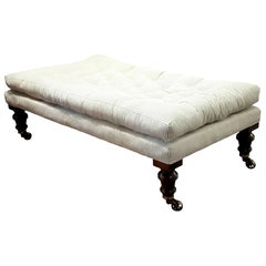 Country House Ottoman Stool, Hand-Buttoned and Tufted on Turned Legs and Castors
