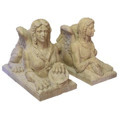 Pair of Sphinxes, Travertine Marble