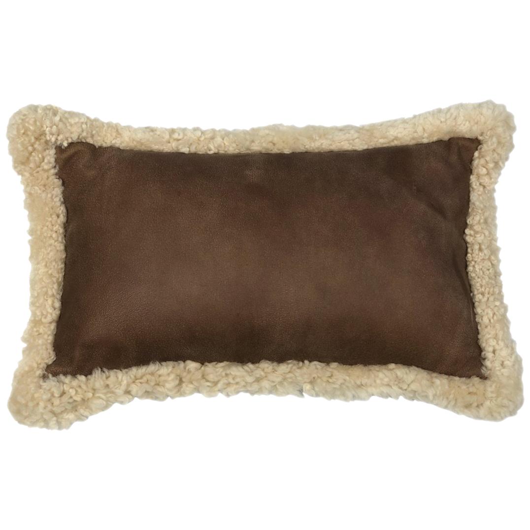 Outback Brown Leather and Shearling Sheepskin Pillow Rectangle Cushion For Sale