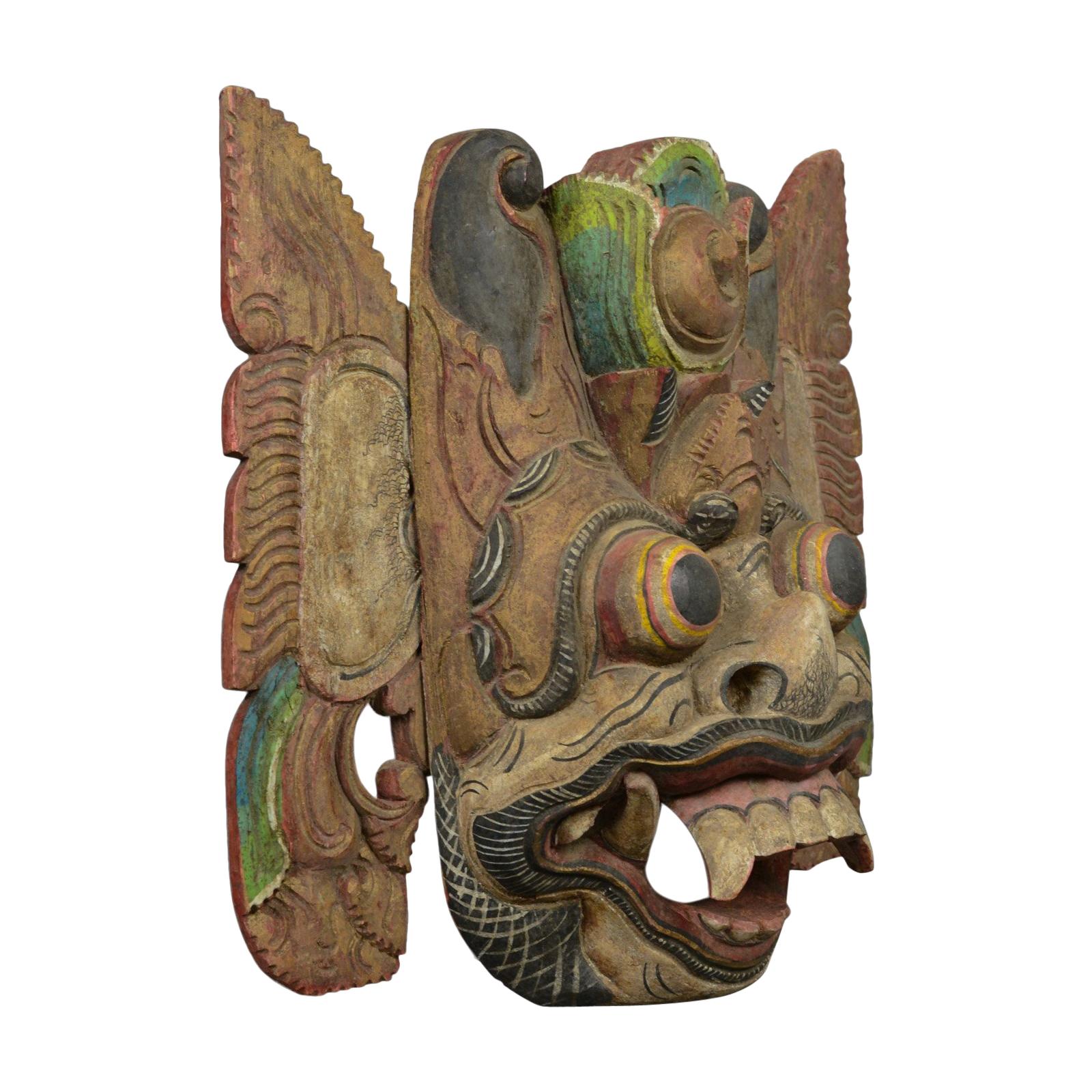 Balinese Barong Carved Mask, Decorative, Painted, Wooden Face, Wall Art, C20th