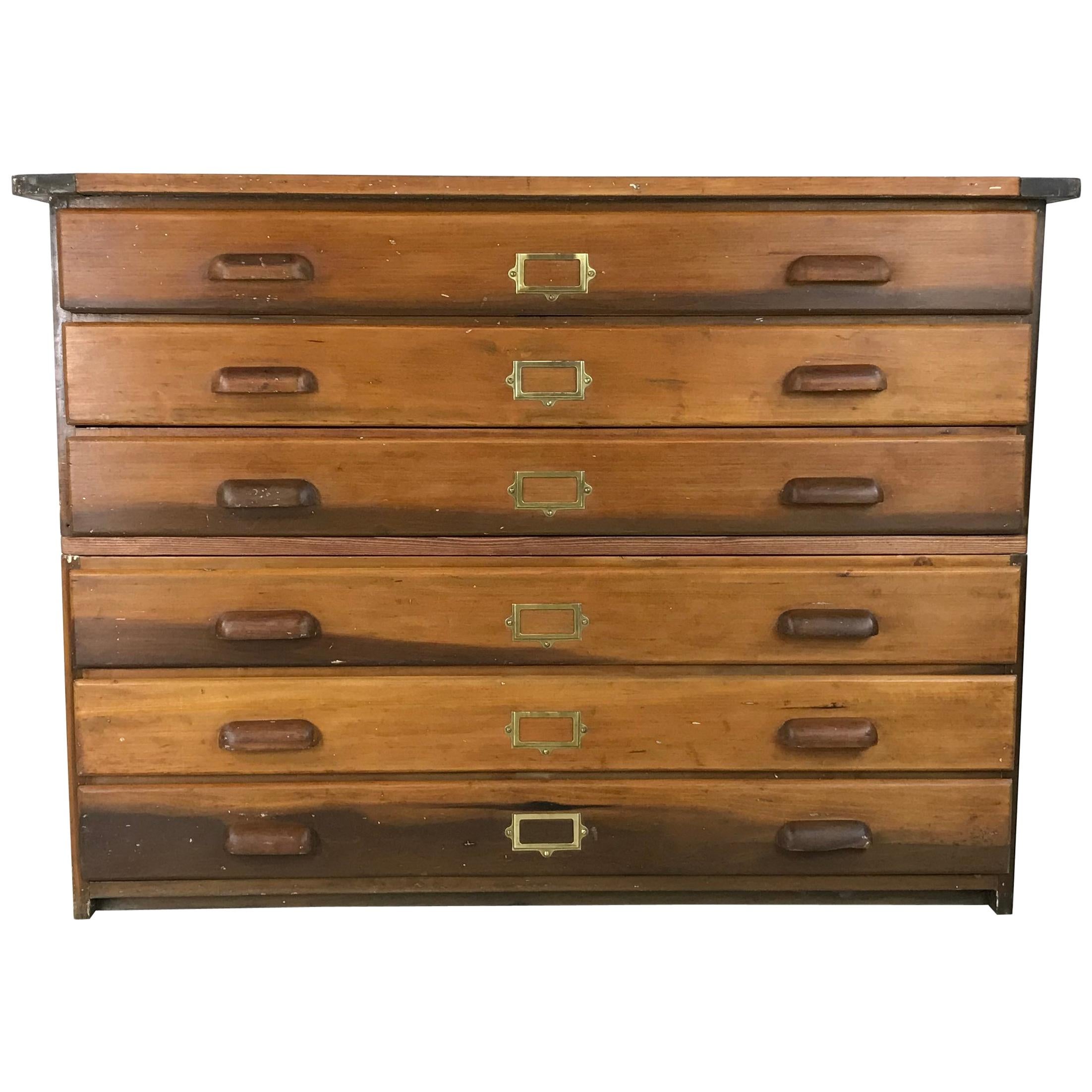 1930s Plan Chest with Brass Cup Handles and Label Inserts