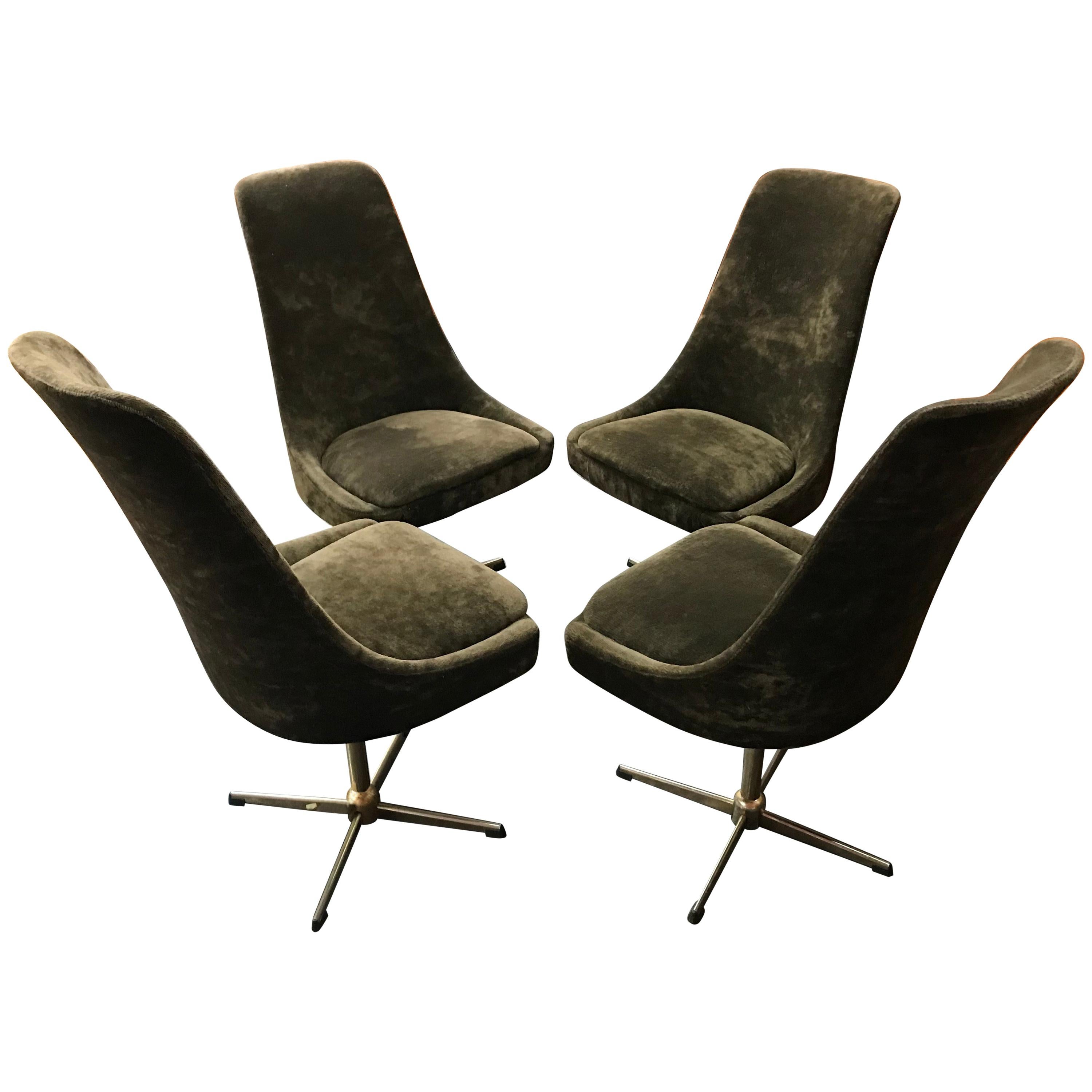 Four Brown Velour Midcentury Swivel Chairs