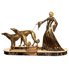 Fine Art Deco Bronze Sculpture of a Lady with Two Greyhounds by Georges Gori