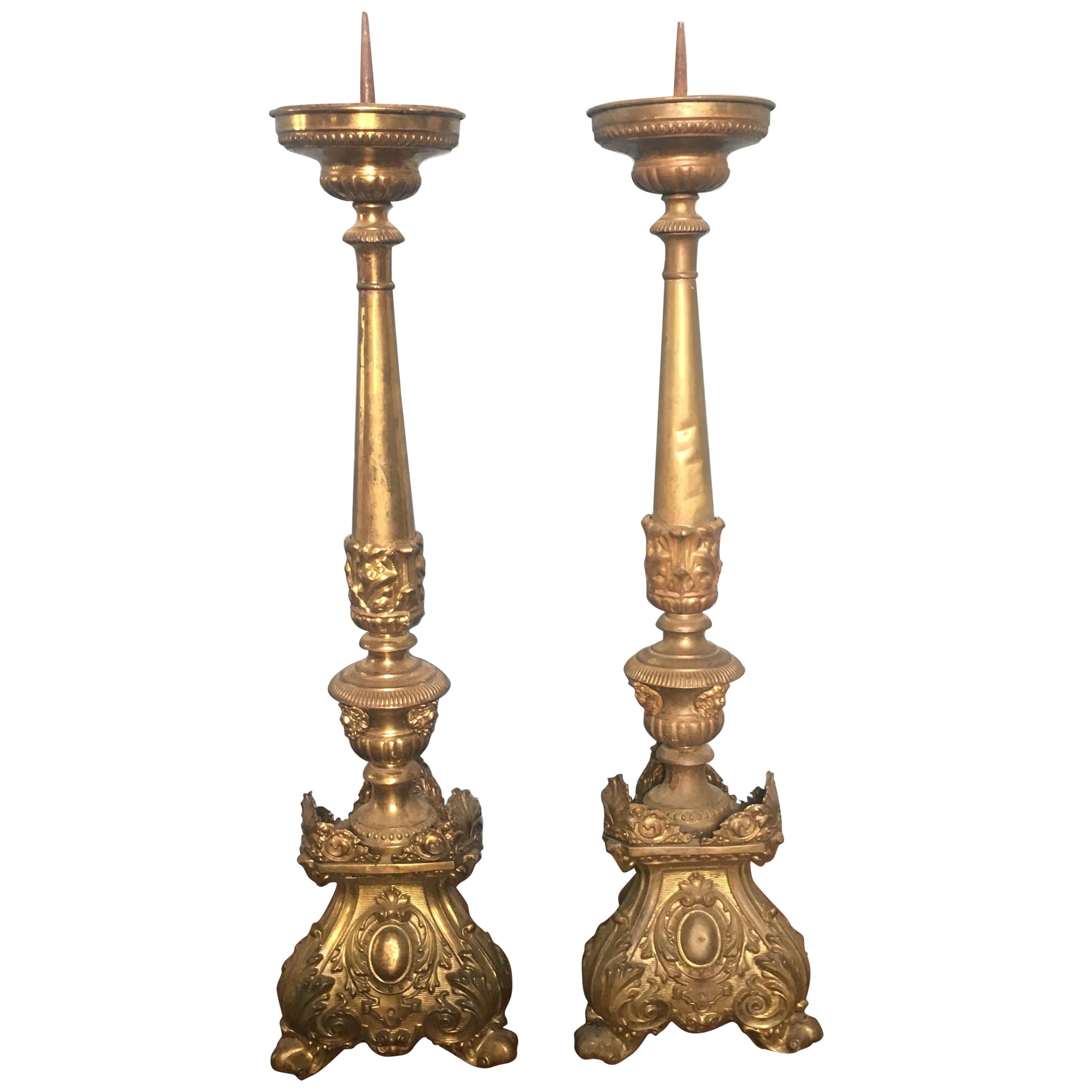 19th Century Pair of Italian Altar Brass Candleholder, 1890s