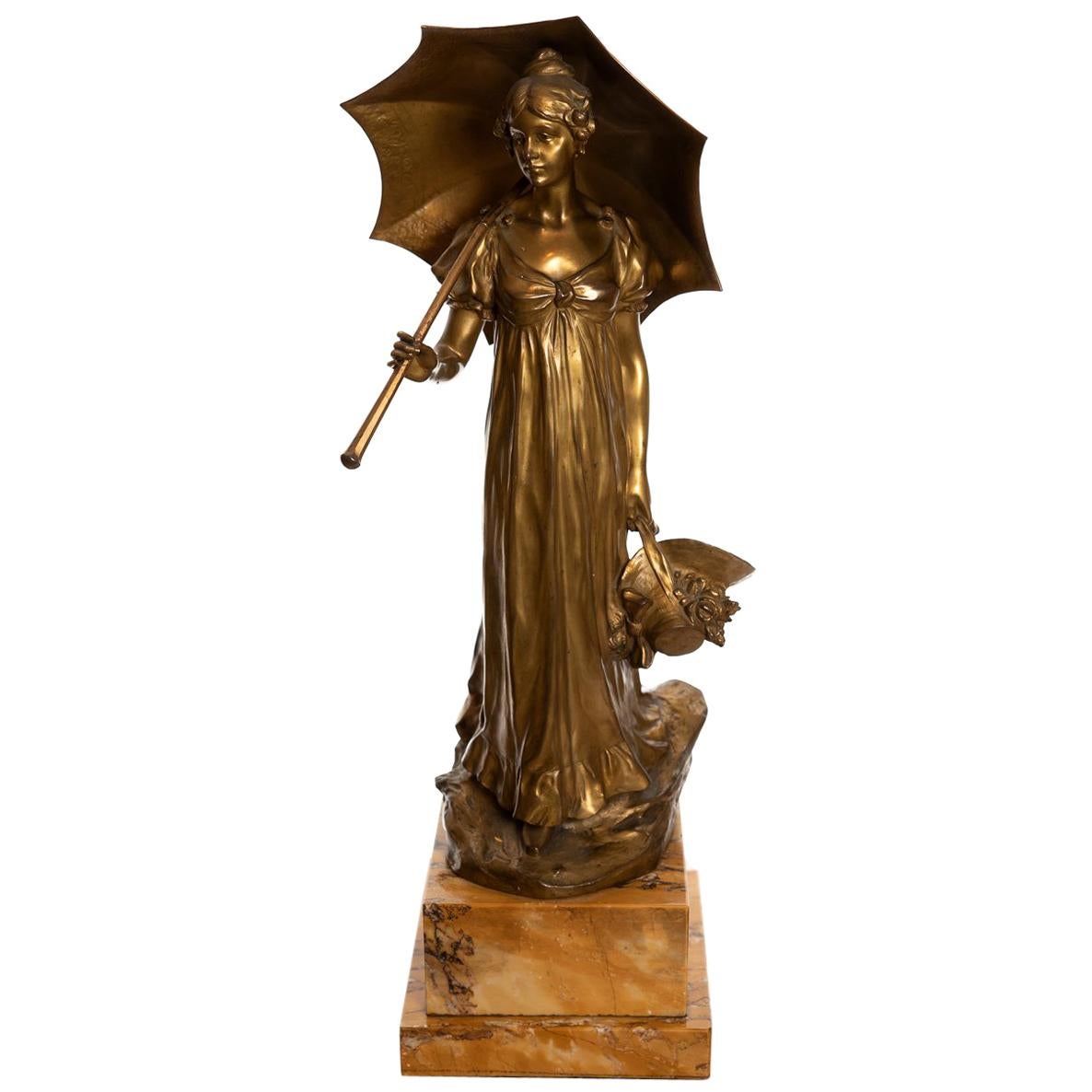 Bronze Figure of Girl in High-Waisted Evening Dress with Umbrella Hans Müller For Sale