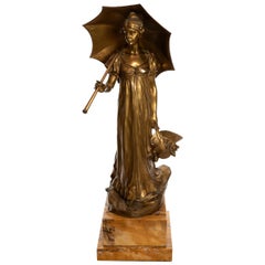 Antique Bronze Figure of Girl in High-Waisted Evening Dress with Umbrella Hans Müller