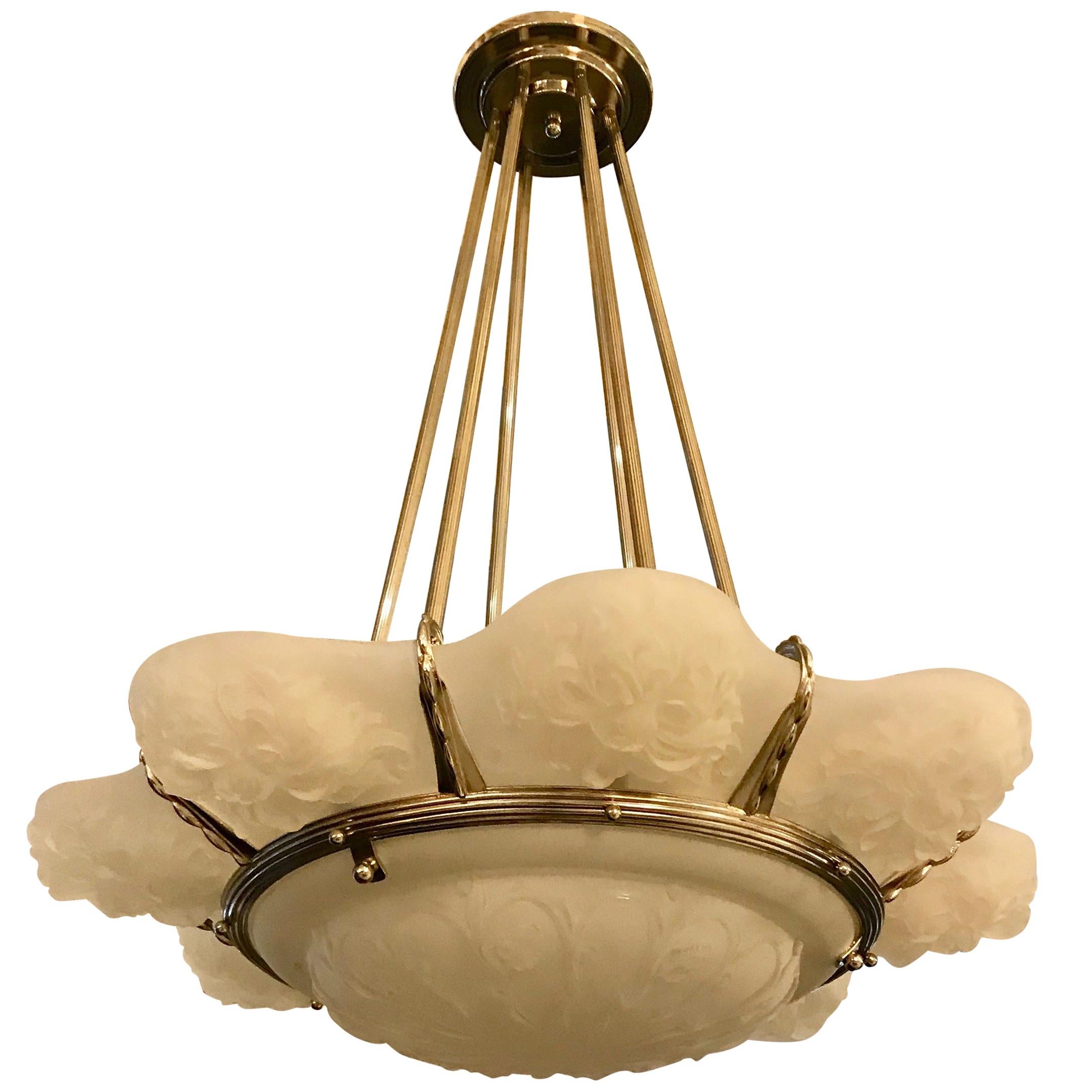 French Art Deco Floral Chandelier Signed Sabino For Sale