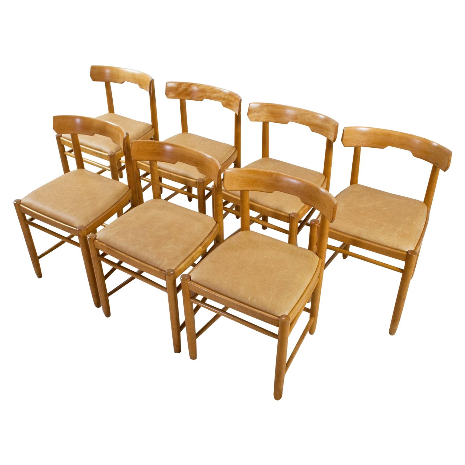 Scandinavian Modern Dining Room Chairs in Beech and Tan Leather, 1960s Set of 7  For Sale