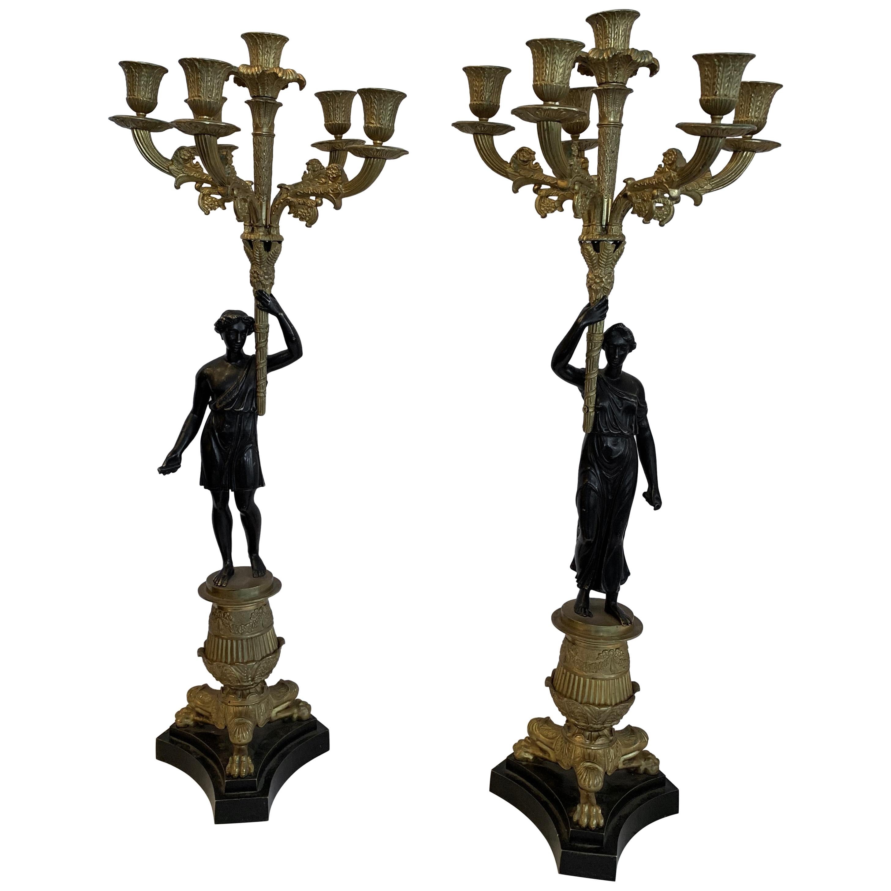 Wonderful Pair of French Empire Gilt Patinated Bronze Figural Regency For Sale