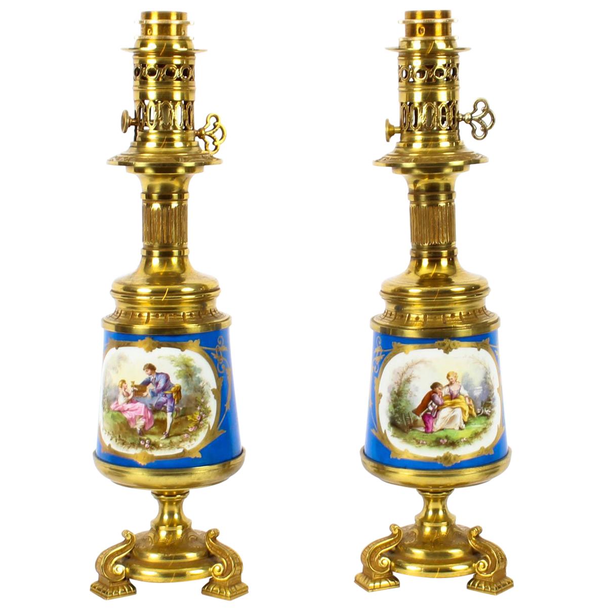 Antique Pair of French Bleu Celeste Sèvres Vases Lamps, 19th Century For Sale