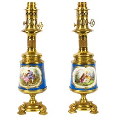 Vintage Pair of French Bleu Celeste Sèvres Vases Lamps, 19th Century