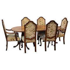 20th Century English Queen Anne Style Burr Walnut Dining Table and Chairs