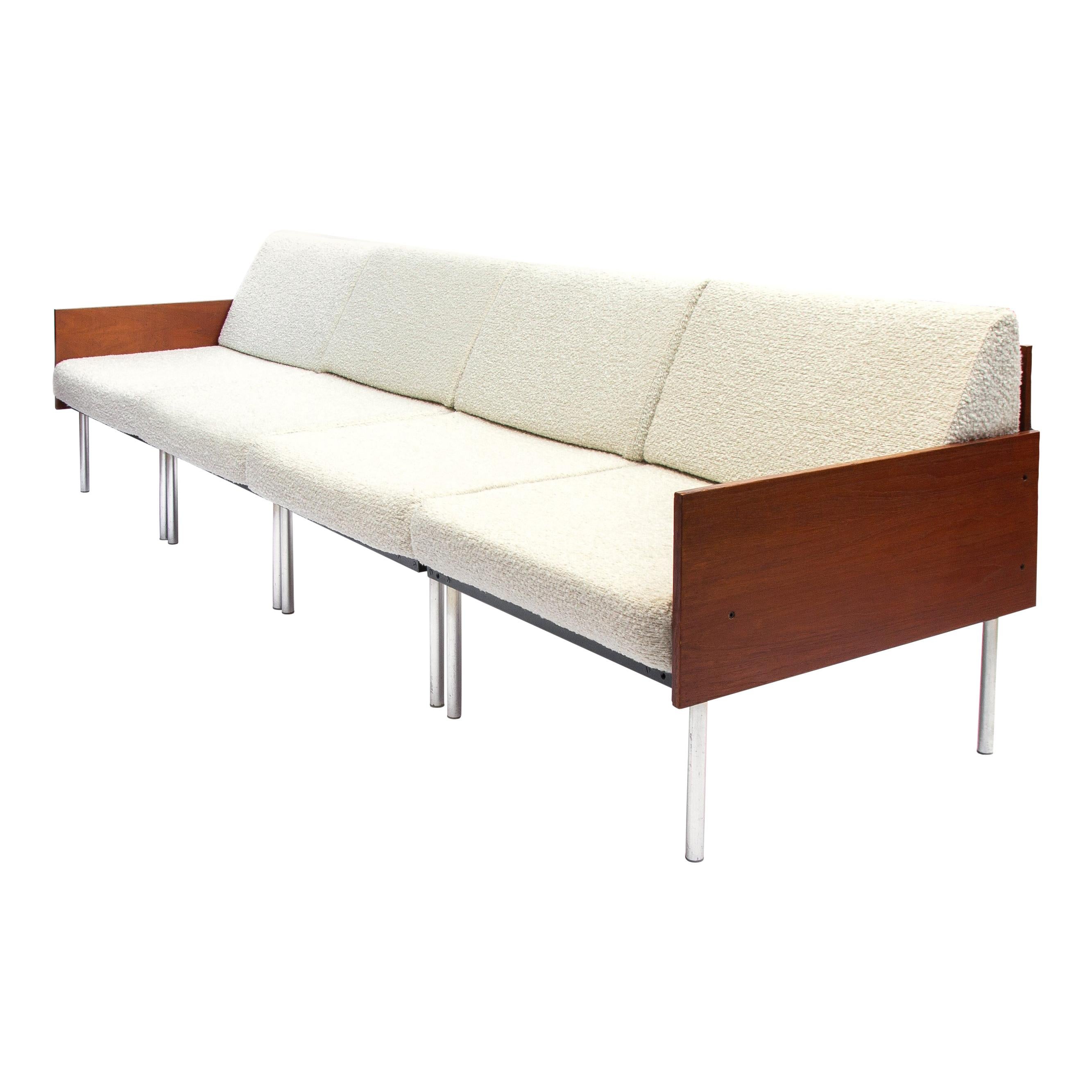 Modular Sectional Sofa with Wooden Back, Re-Upholstered with a Crackle Fabric