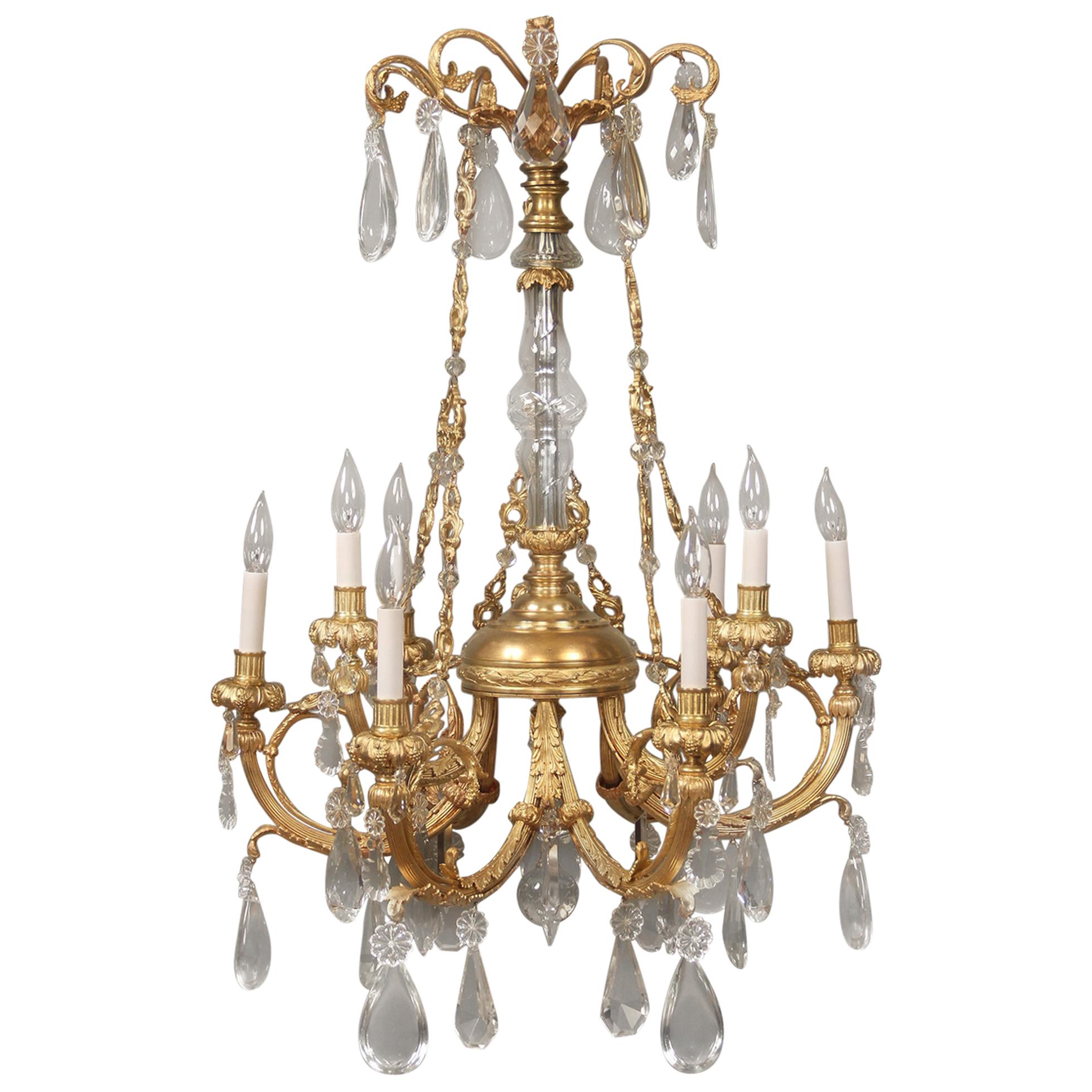 Nice Late 19th Century Gilt Bronze and Crystal Nine Light Chandelier