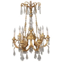 Antique Nice Late 19th Century Gilt Bronze and Crystal Nine Light Chandelier