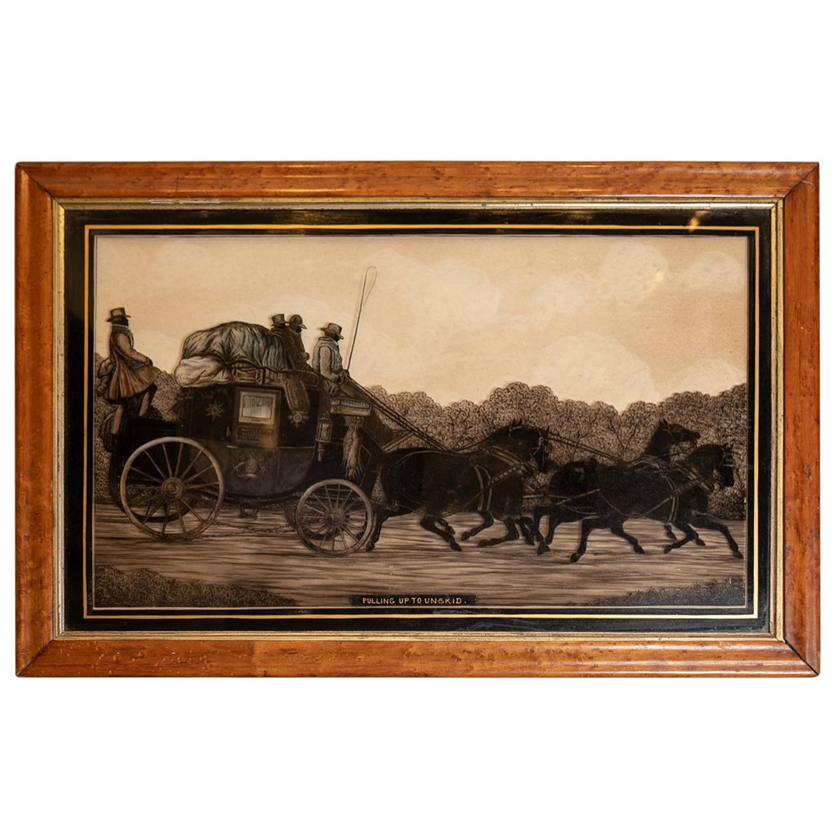Reverse Painting on Glass of Stagecoach and Horses Pulling Up to Avoid a Skid For Sale