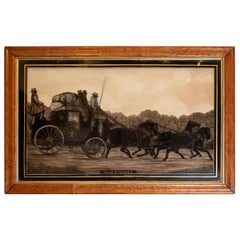 Antique Reverse Painting on Glass of Stagecoach and Horses Pulling Up to Avoid a Skid