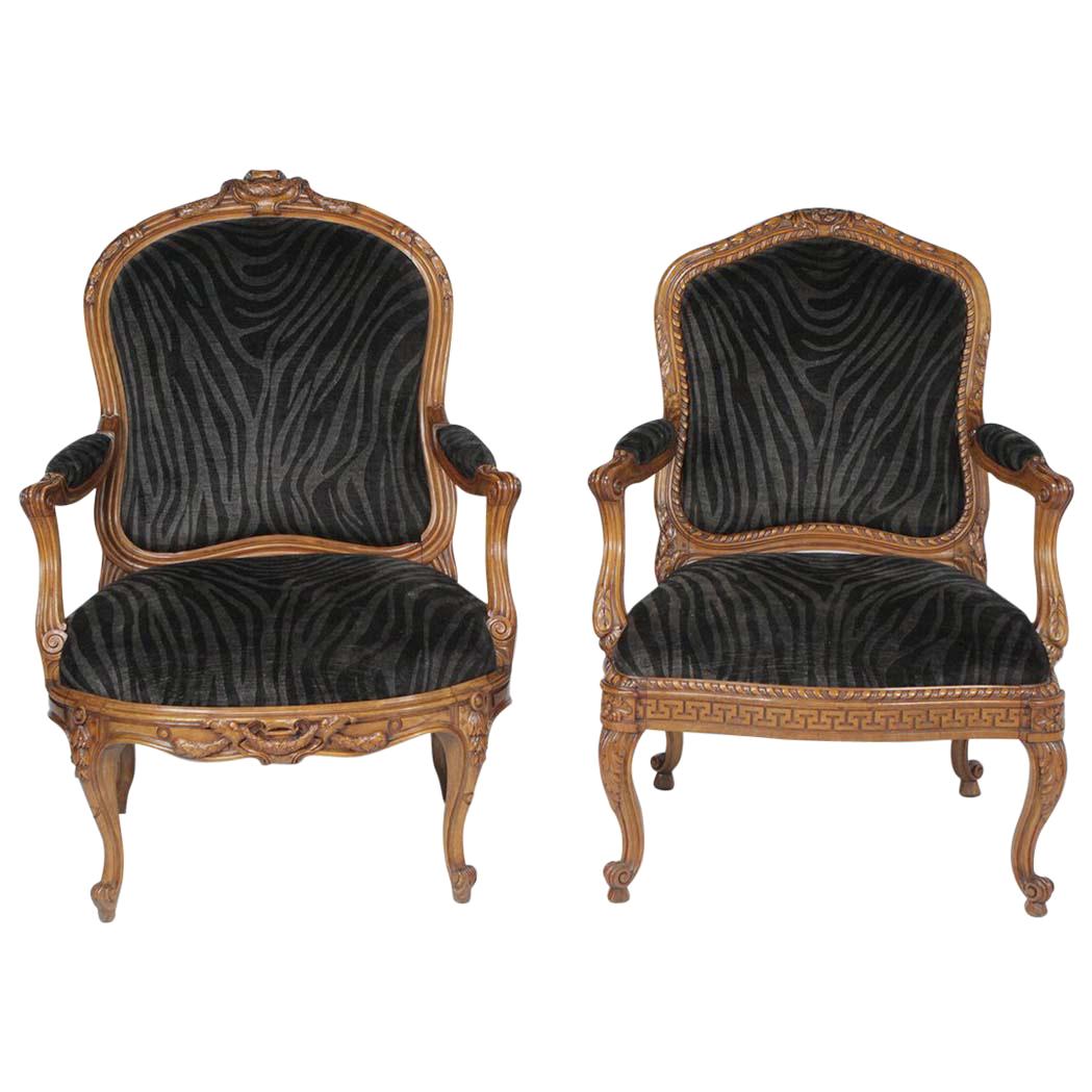 Mr. and Ms. Pair of Antique French Walnut Bergeres in Velvet Animal Print