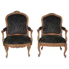 Mr. and Ms. Pair of Antique French Walnut Bergeres in Velvet Animal Print